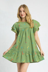 Umgee Floral Embroidered Short Sleeve Mini Dress Matcha Green OutfitFlow